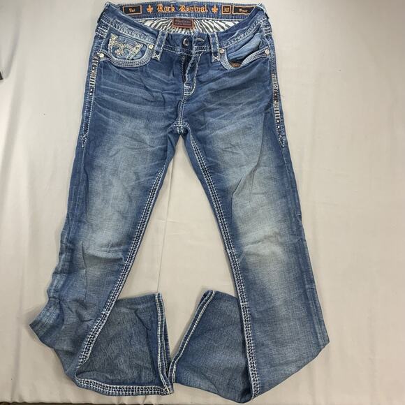 Rock Revival Women Yui Easy Bootcut Embellished Gem Pockets Blue Jeans Sz 30 - Picture 5 of 11